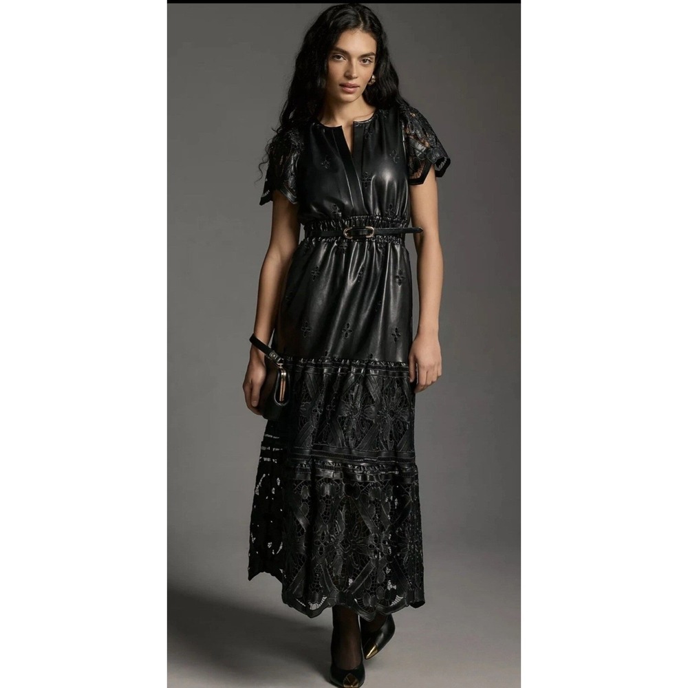 Anthropologie Maeve Faux Leather Eyelet Maxi Dress Black Tiered‎ Smocked Waist S